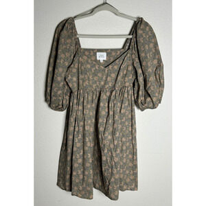 Things Between Cottage Green Floral Long Balloon Sleeve Mini Dress, Size M